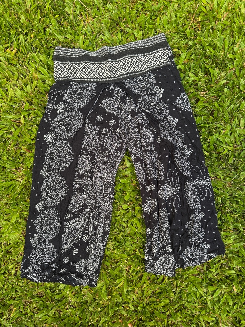 Black Paisley Print Kids Pants with Patterned Waistband